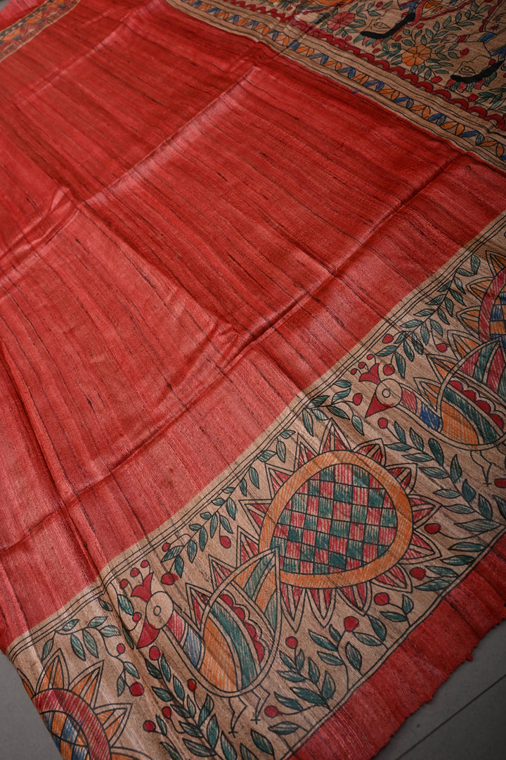 Coral Red Madhubani hand painting on Geecha Tussar Silk Saree | SILK MARK CERTIFIED | SHOBITAM
