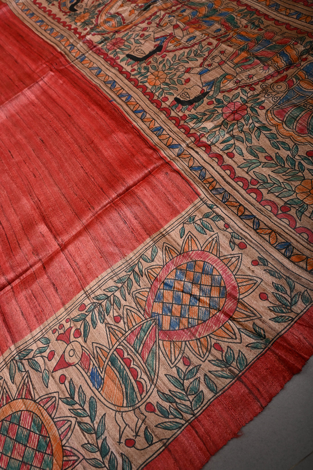 Coral Red Madhubani hand painting on Geecha Tussar Silk Saree | SILK MARK CERTIFIED | SHOBITAM