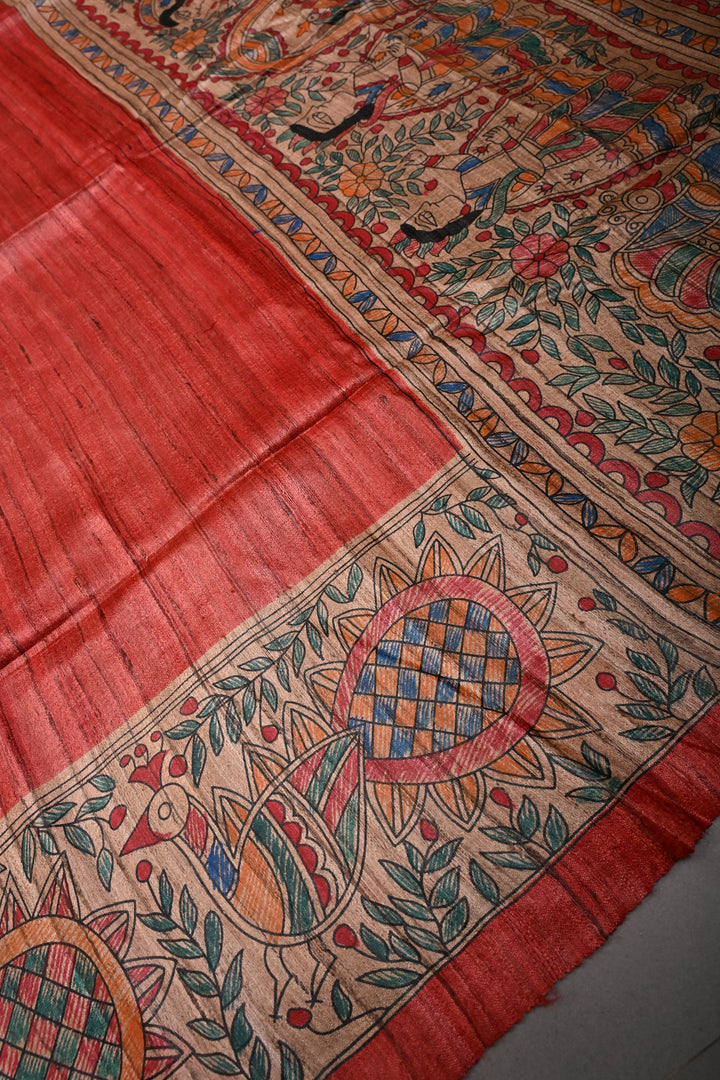 Coral Red Madhubani hand painting on Geecha Tussar Silk Saree | SILK MARK CERTIFIED | SHOBITAM