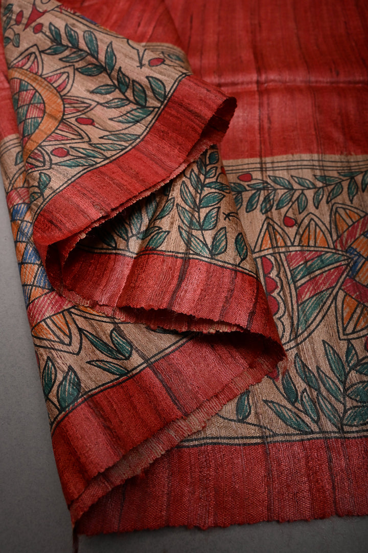 Coral Red Madhubani hand painting on Geecha Tussar Silk Saree | SILK MARK CERTIFIED | SHOBITAM