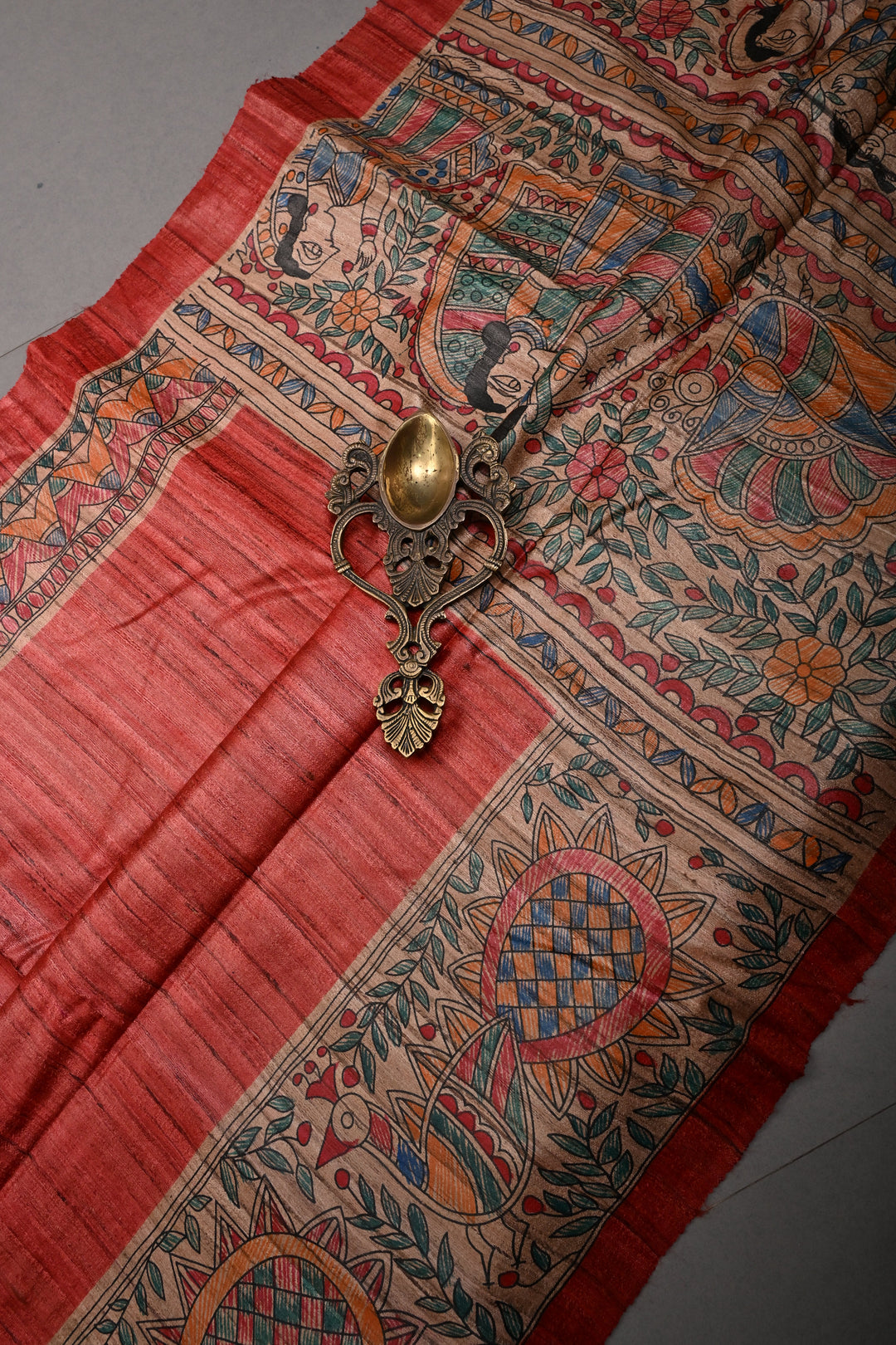 Coral Red Madhubani hand painting on Geecha Tussar Silk Saree | SILK MARK CERTIFIED | SHOBITAM
