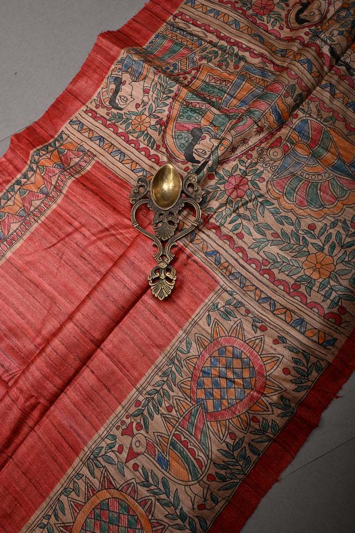 Coral Red Madhubani hand painting on Geecha Tussar Silk Saree | SILK MARK CERTIFIED | SHOBITAM