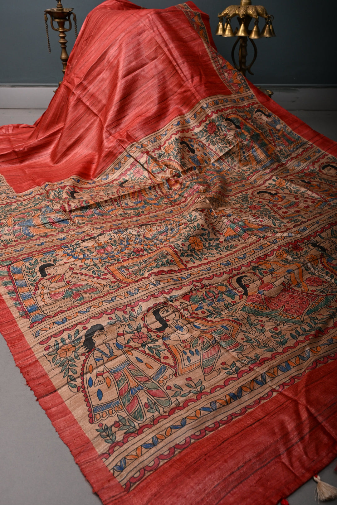 Coral Red Madhubani hand painting on Geecha Tussar Silk Saree | SILK MARK CERTIFIED | SHOBITAM