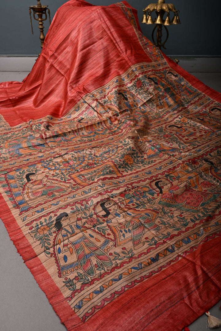 Coral Red Madhubani hand painting on Geecha Tussar Silk Saree | SILK MARK CERTIFIED | SHOBITAM