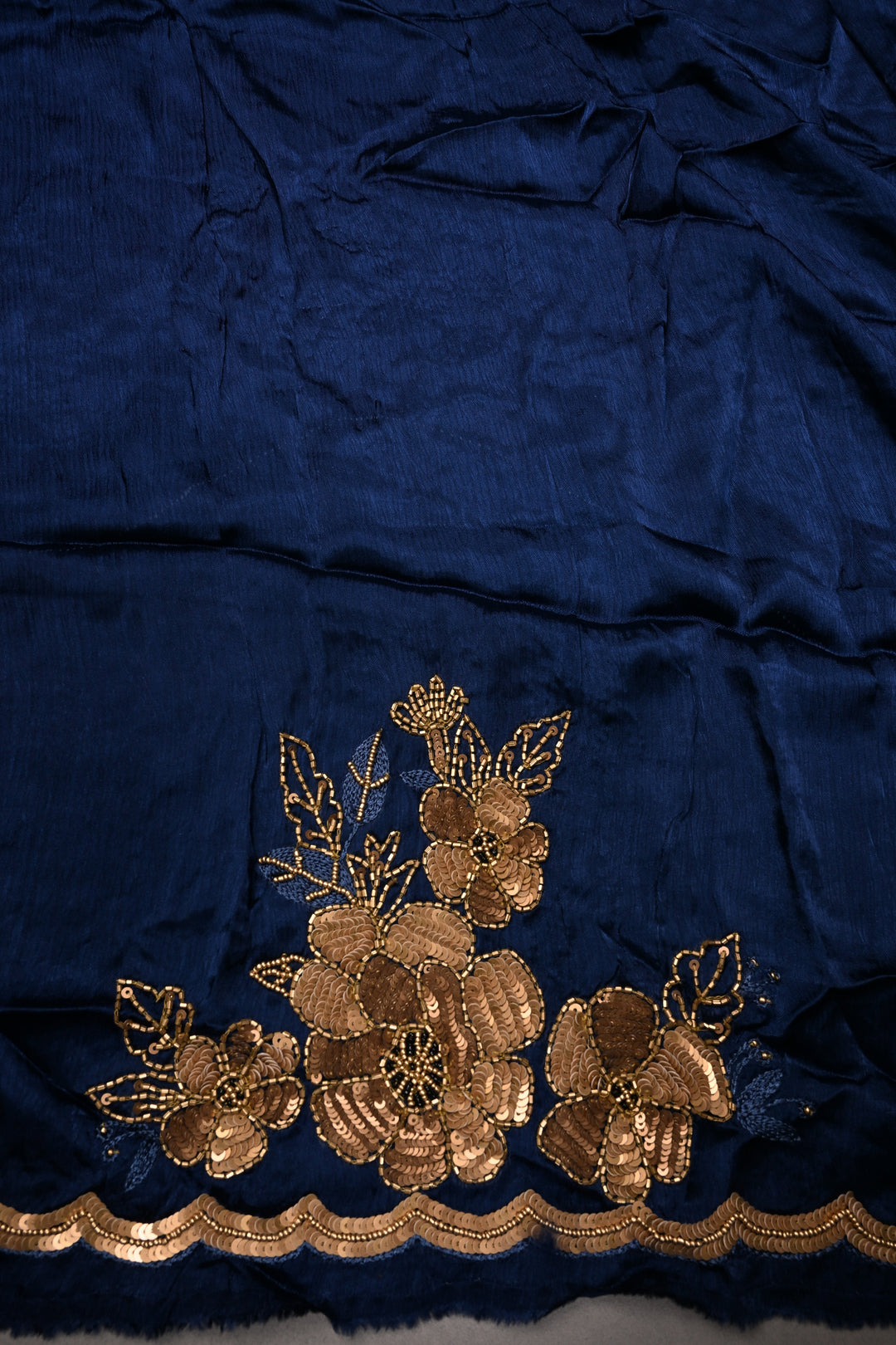 Sapphire Blue Satin Georgette Saree with Antique Matte Finish Cutdana, Sequins and Moti Embellishment and Scallop Border | SHOBITAM