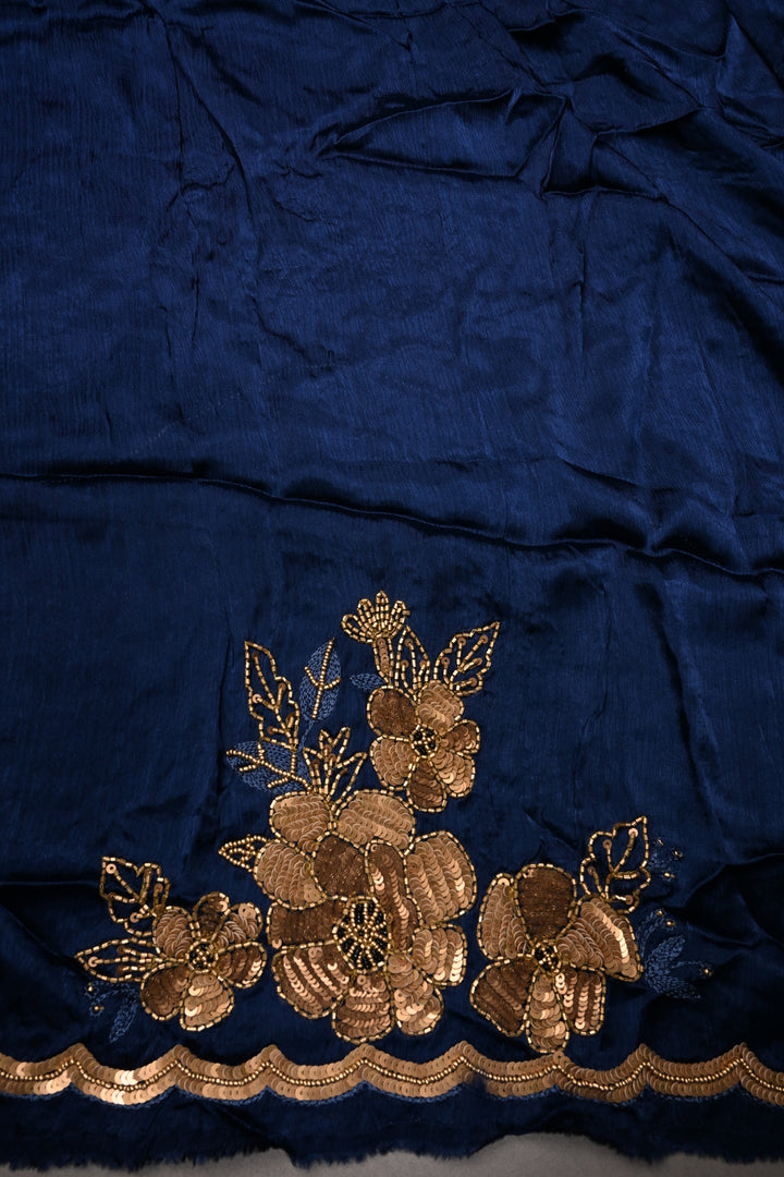 Sapphire Blue Satin Georgette Saree with Antique Matte Finish Cutdana, Sequins and Moti Embellishment and Scallop Border | SHOBITAM