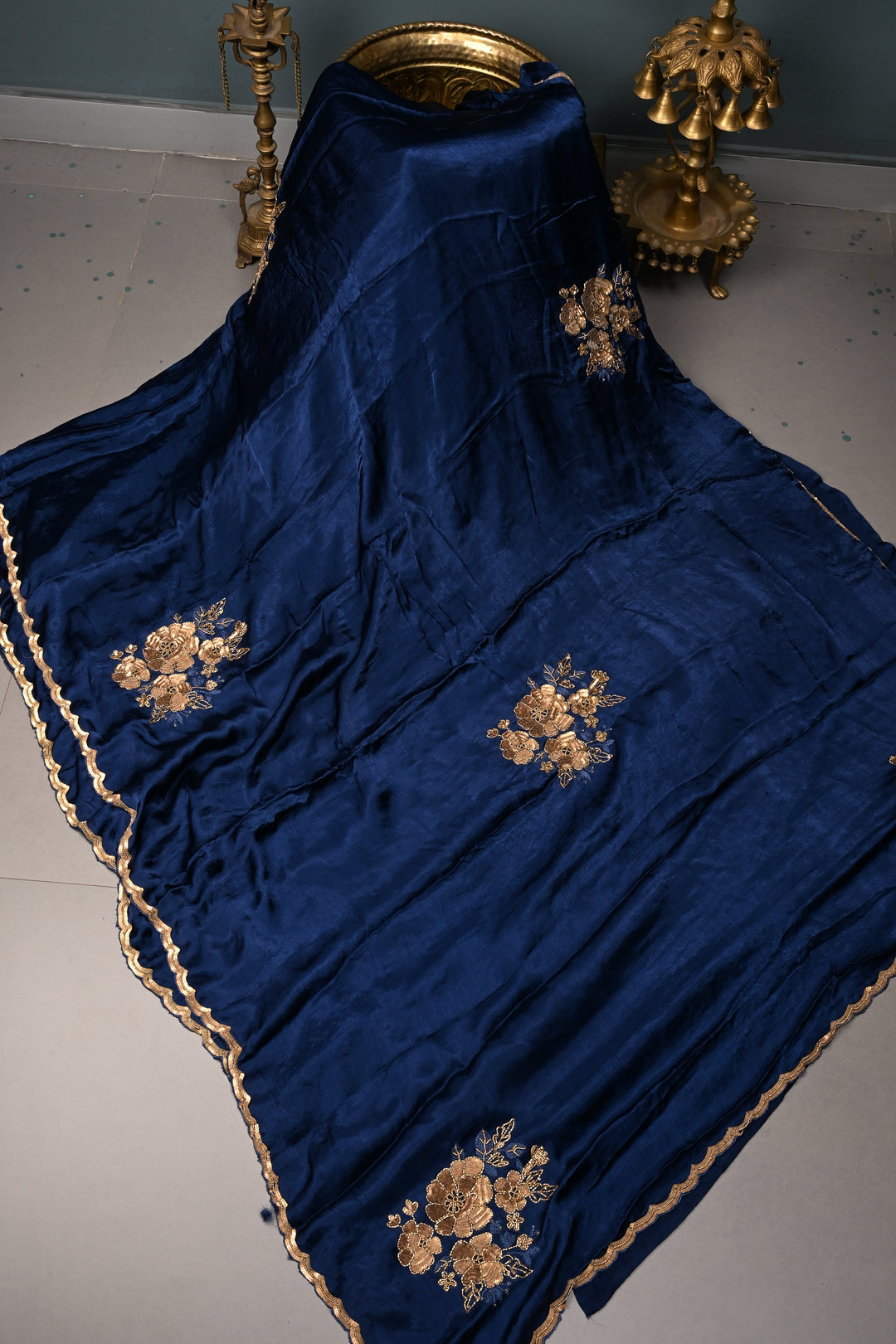 Sapphire Blue Satin Georgette Saree with Antique Matte Finish Cutdana, Sequins and Moti Embellishment and Scallop Border | SHOBITAM