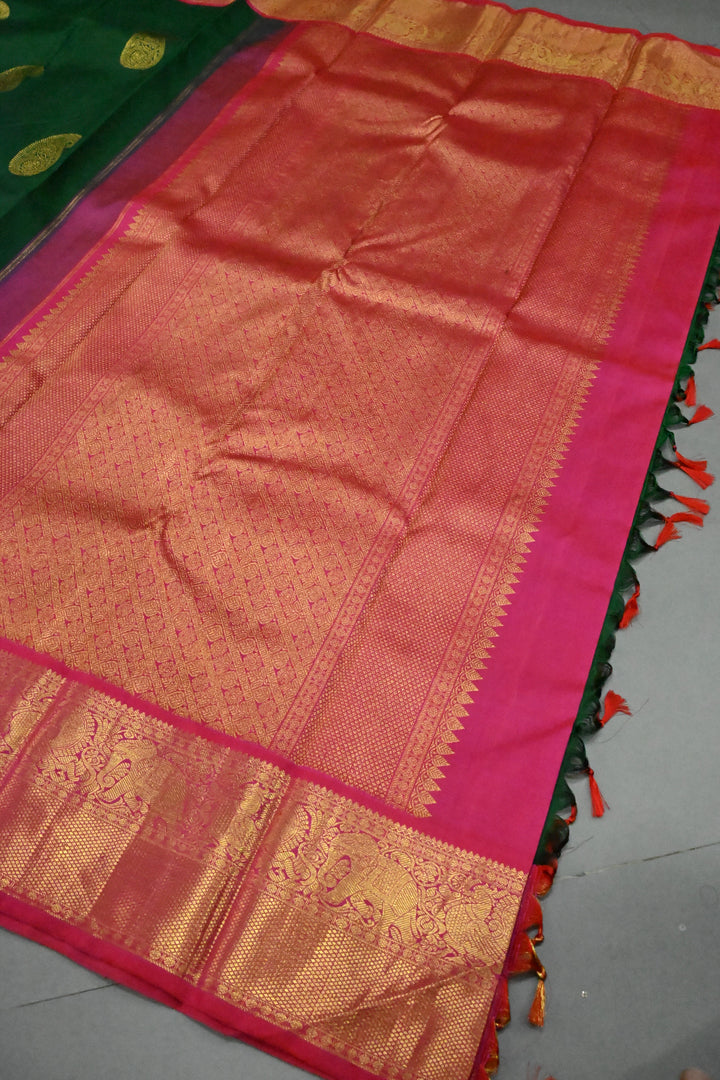 Emerald Green Korvai Kanjivaram Pure Silk Saree with Paisley Zari Buttas and Contrast Zari Border | SILK MARK CERTIFIED | SHOBITAM