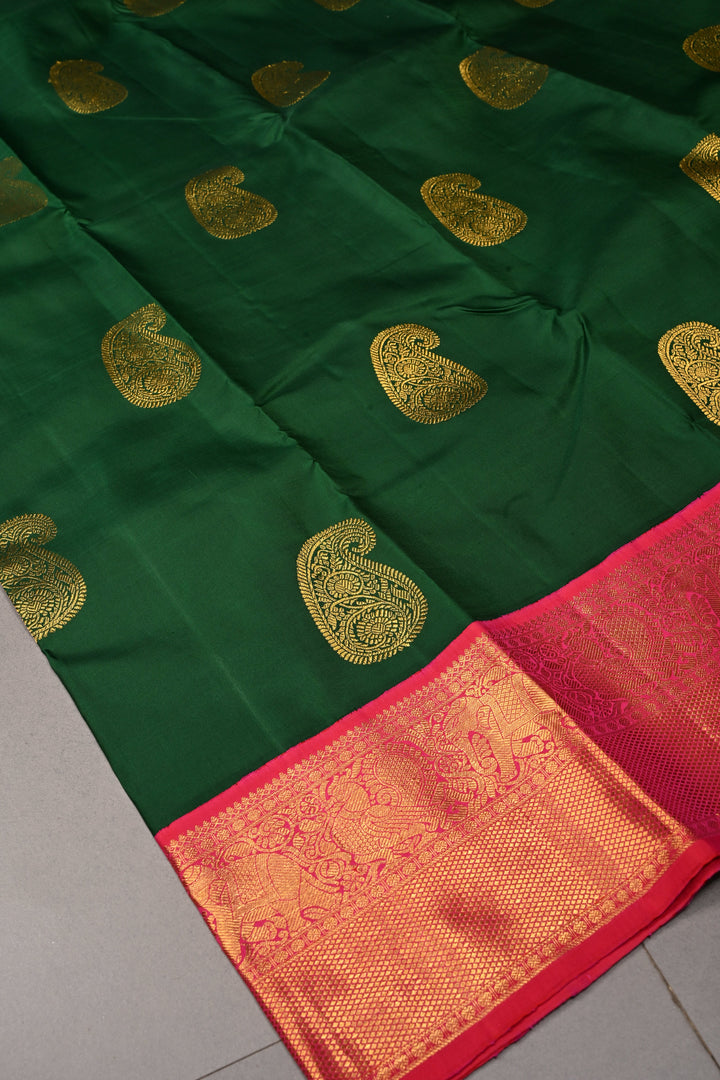 Emerald Green Korvai Kanjivaram Pure Silk Saree with Paisley Zari Buttas and Contrast Zari Border | SILK MARK CERTIFIED | SHOBITAM