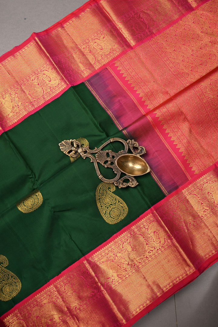 Emerald Green Korvai Kanjivaram Pure Silk Saree with Paisley Zari Buttas and Contrast Zari Border | SILK MARK CERTIFIED | SHOBITAM