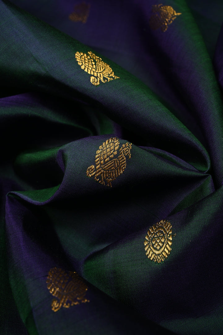 Peacock Green Dual tone Korvai Kanjivaram Pure Silk Saree with Zari Buttas and Contrast Zari Border | SILK MARK CERTIFIED