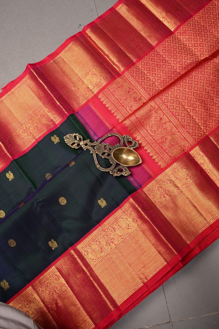 Peacock Green Dual tone Korvai Kanjivaram Pure Silk Saree with Zari Buttas and Contrast Zari Border | SILK MARK CERTIFIED
