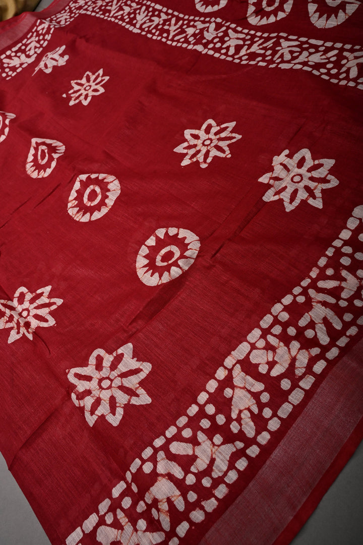 Blood Red Bhagalpuri Mercerized Cotton Slub Unique Batik Print Saree | SHOBITAM
