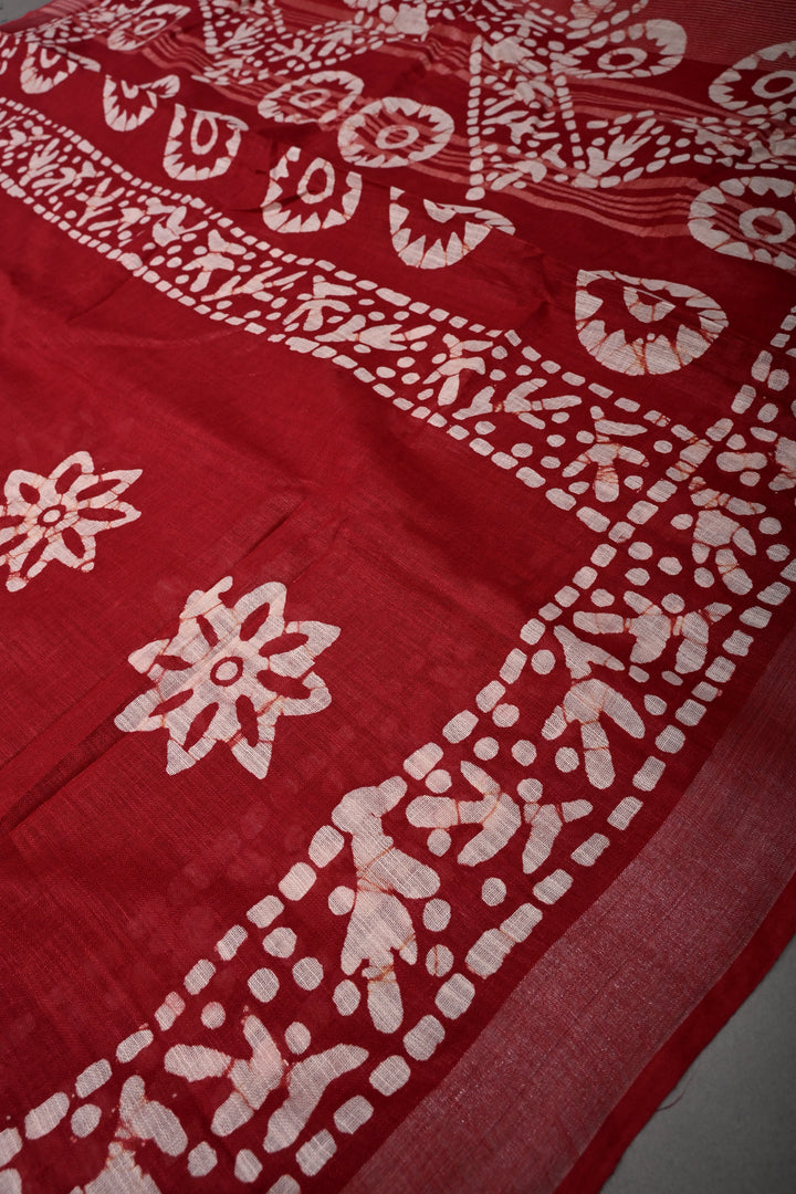Blood Red Bhagalpuri Mercerized Cotton Slub Unique Batik Print Saree | SHOBITAM