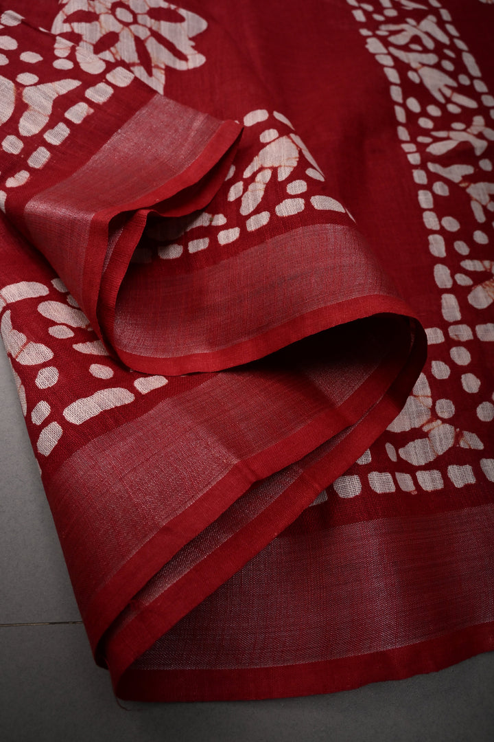 Blood Red Bhagalpuri Mercerized Cotton Slub Unique Batik Print Saree | SHOBITAM