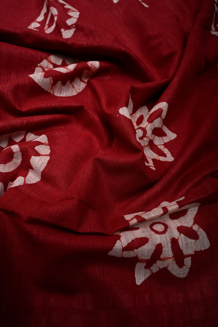 Blood Red Bhagalpuri Mercerized Cotton Slub Unique Batik Print Saree | SHOBITAM