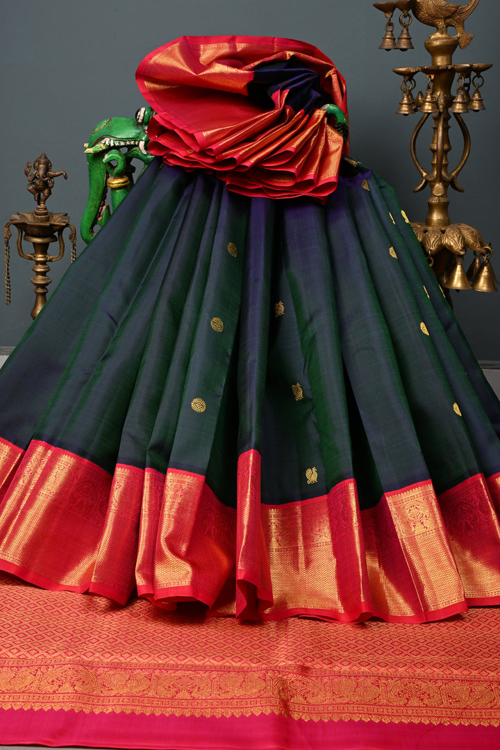 Peacock Green Dual tone Korvai Kanjivaram Pure Silk Saree with Zari Buttas and Contrast Zari Border | SILK MARK CERTIFIED