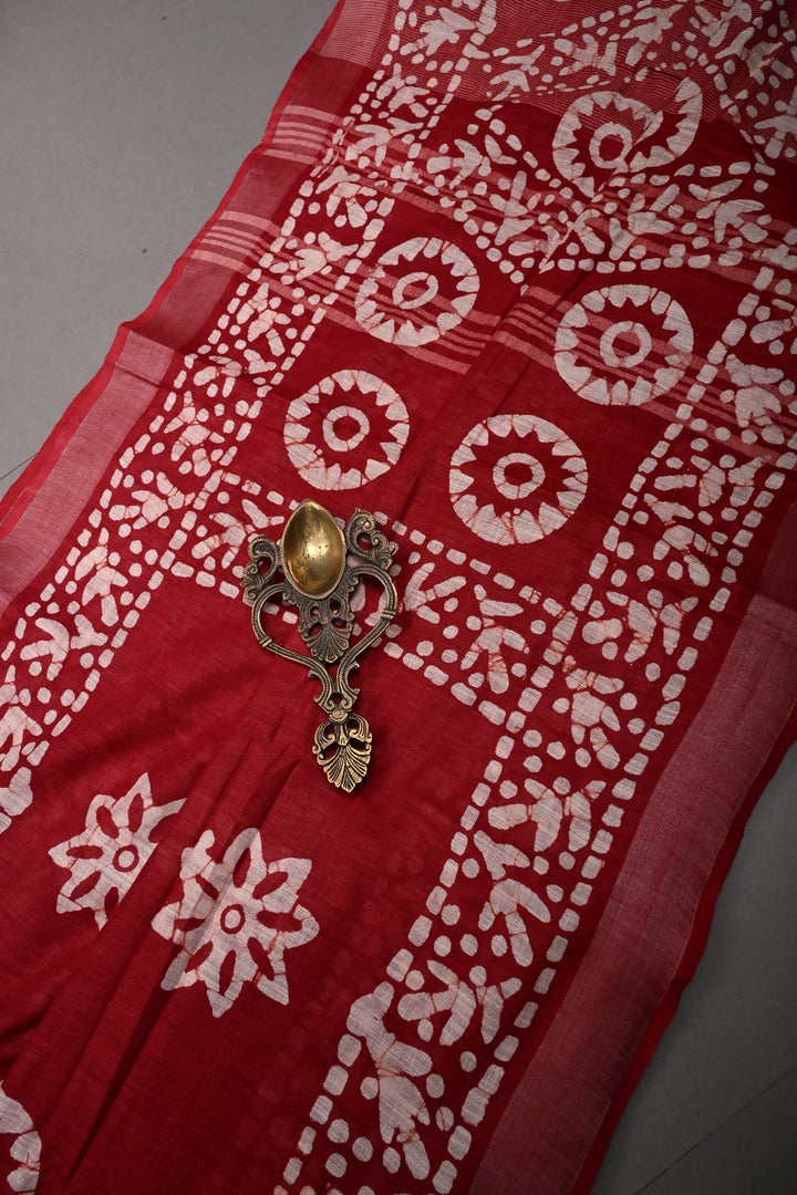 Blood Red Bhagalpuri Mercerized Cotton Slub Unique Batik Print Saree | SHOBITAM