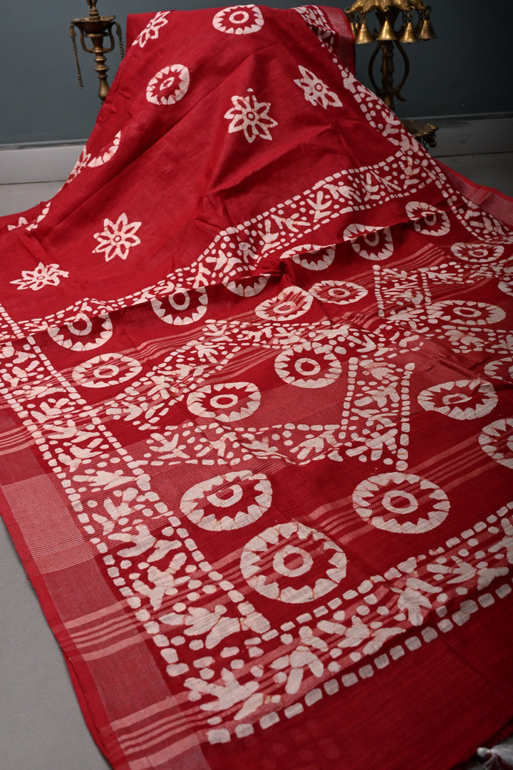 Blood Red Bhagalpuri Mercerized Cotton Slub Unique Batik Print Saree | SHOBITAM