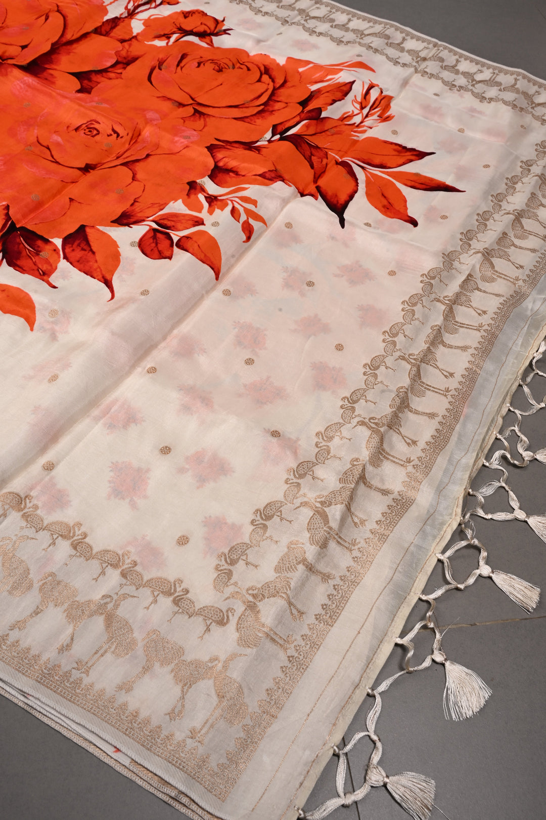 Ivory-Orange Floral Digital Print on Viscose Saree with Zari Butts and Flamingo Birds Zari Border  | SHOBITAM