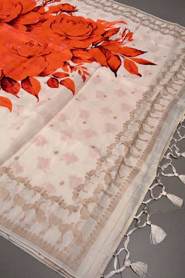 Ivory-Orange Floral Digital Print on Viscose Saree with Zari Butts and Flamingo Birds Zari Border  | SHOBITAM