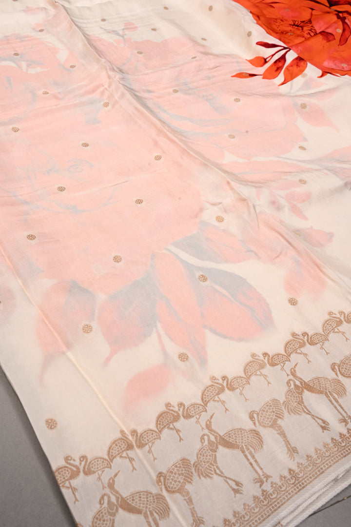 Ivory-Orange Floral Digital Print on Viscose Saree with Zari Butts and Flamingo Birds Zari Border  | SHOBITAM