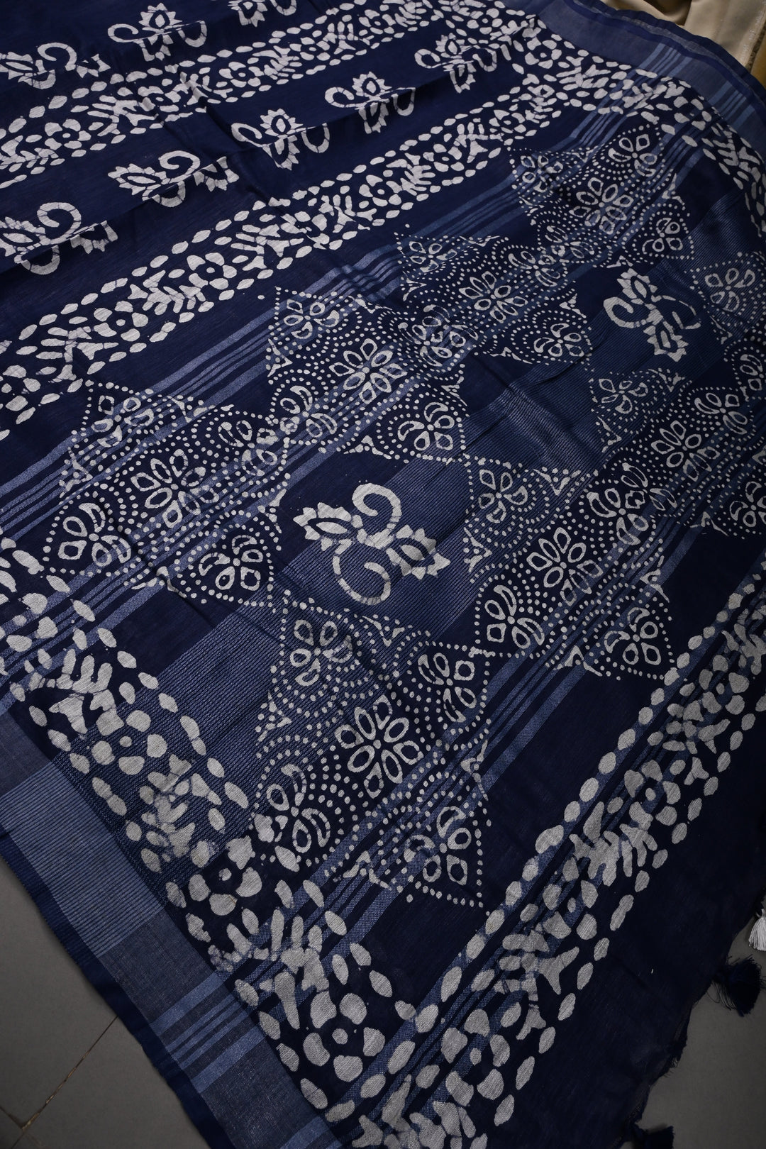 Navy Blue Bhagalpuri Mercerized Cotton Slub Unique Batik Print Saree | SHOBITAM