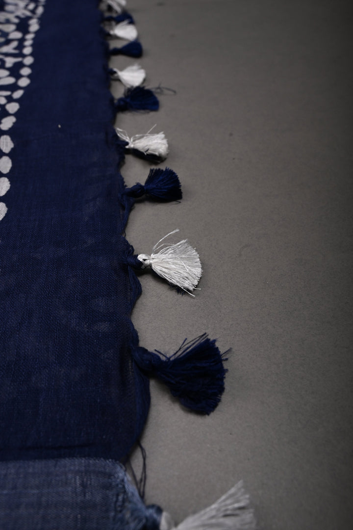 Navy Blue Bhagalpuri Mercerized Cotton Slub Unique Batik Print Saree | SHOBITAM