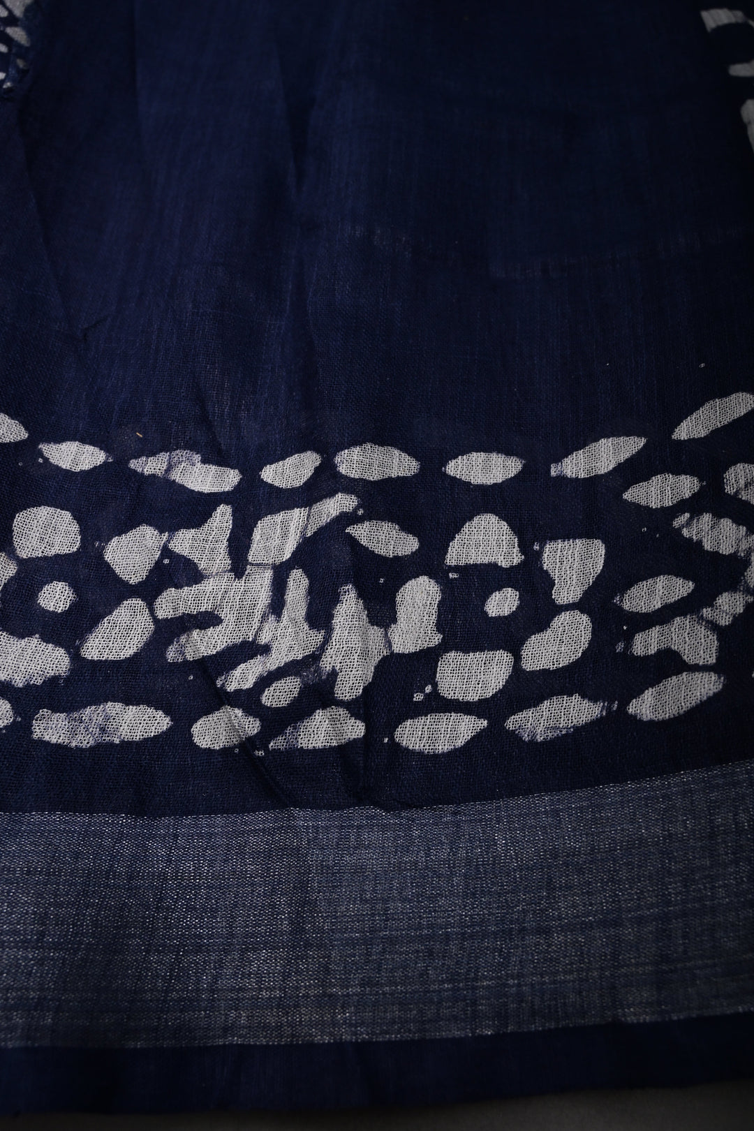Navy Blue Bhagalpuri Mercerized Cotton Slub Unique Batik Print Saree | SHOBITAM