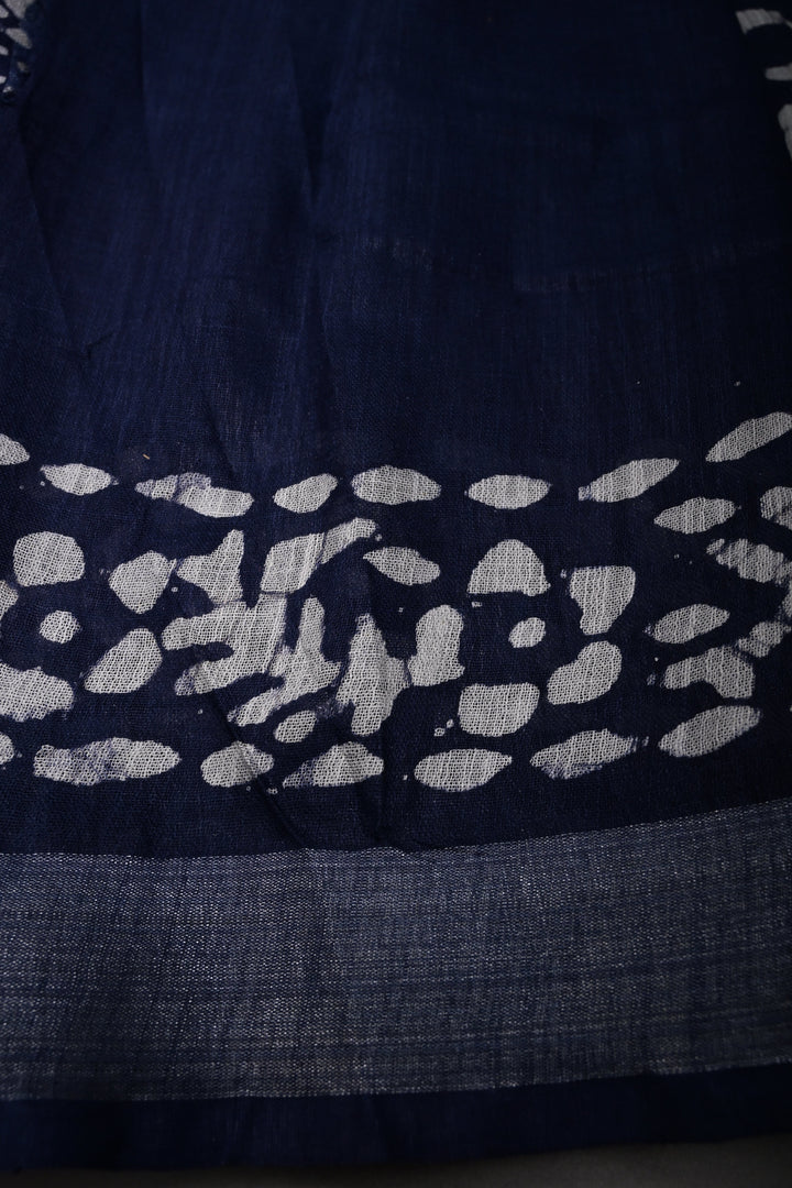 Navy Blue Bhagalpuri Mercerized Cotton Slub Unique Batik Print Saree | SHOBITAM