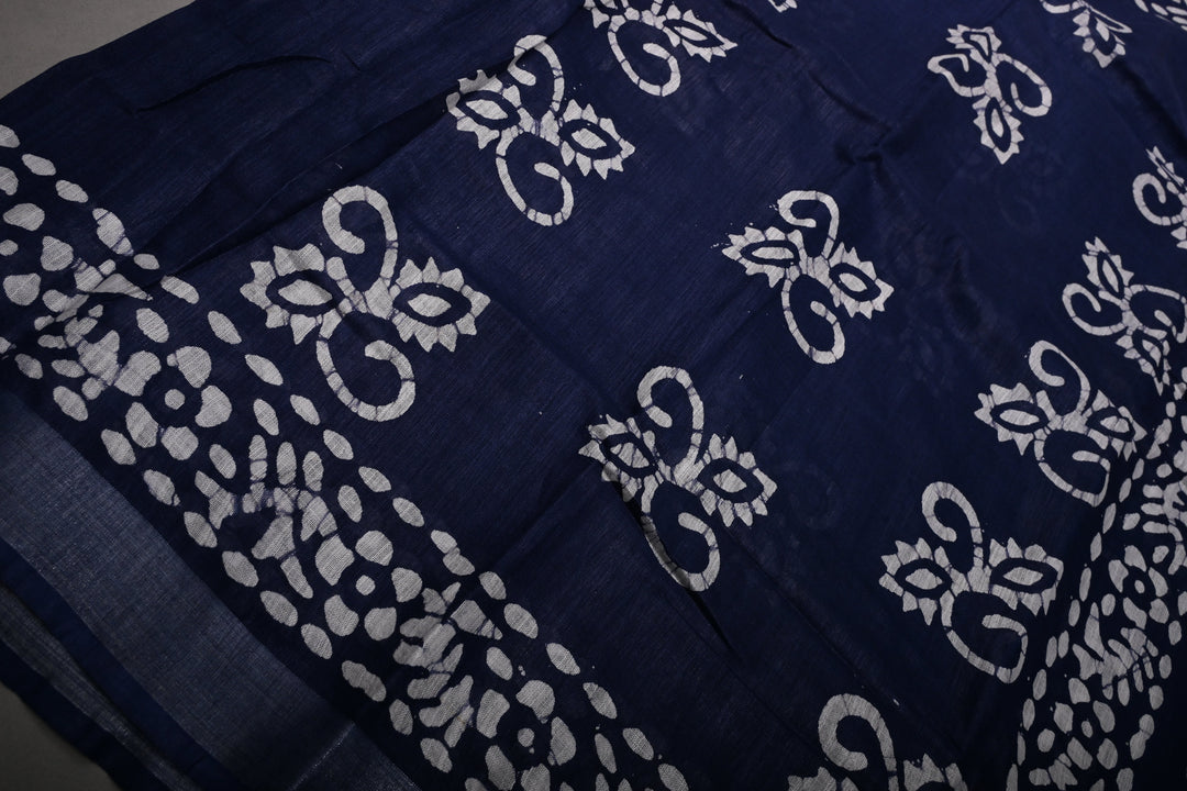 Navy Blue Bhagalpuri Mercerized Cotton Slub Unique Batik Print Saree | SHOBITAM