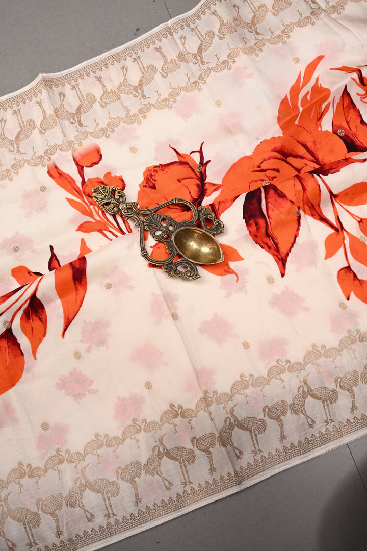 Ivory-Orange Floral Digital Print on Viscose Saree with Zari Butts and Flamingo Birds Zari Border  | SHOBITAM