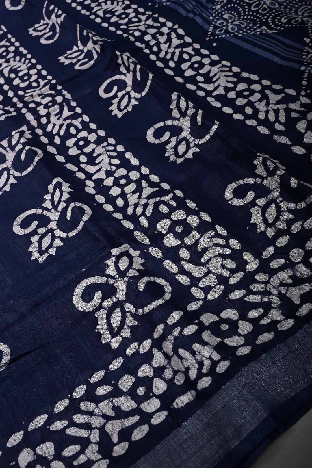Navy Blue Bhagalpuri Mercerized Cotton Slub Unique Batik Print Saree | SHOBITAM