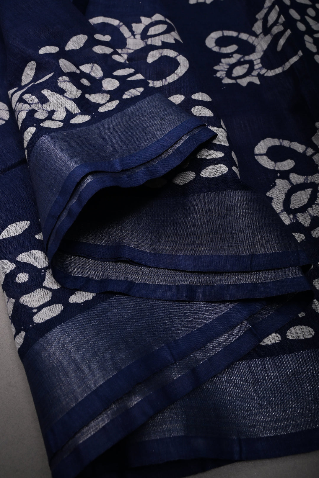 Navy Blue Bhagalpuri Mercerized Cotton Slub Unique Batik Print Saree | SHOBITAM