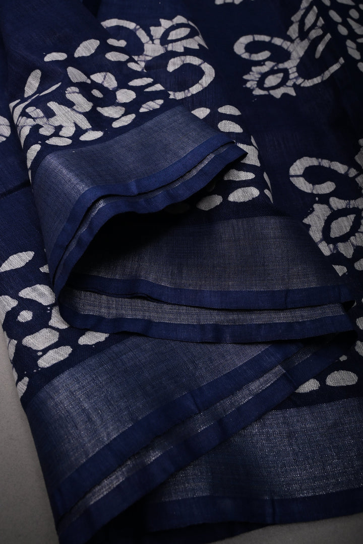 Navy Blue Bhagalpuri Mercerized Cotton Slub Unique Batik Print Saree | SHOBITAM