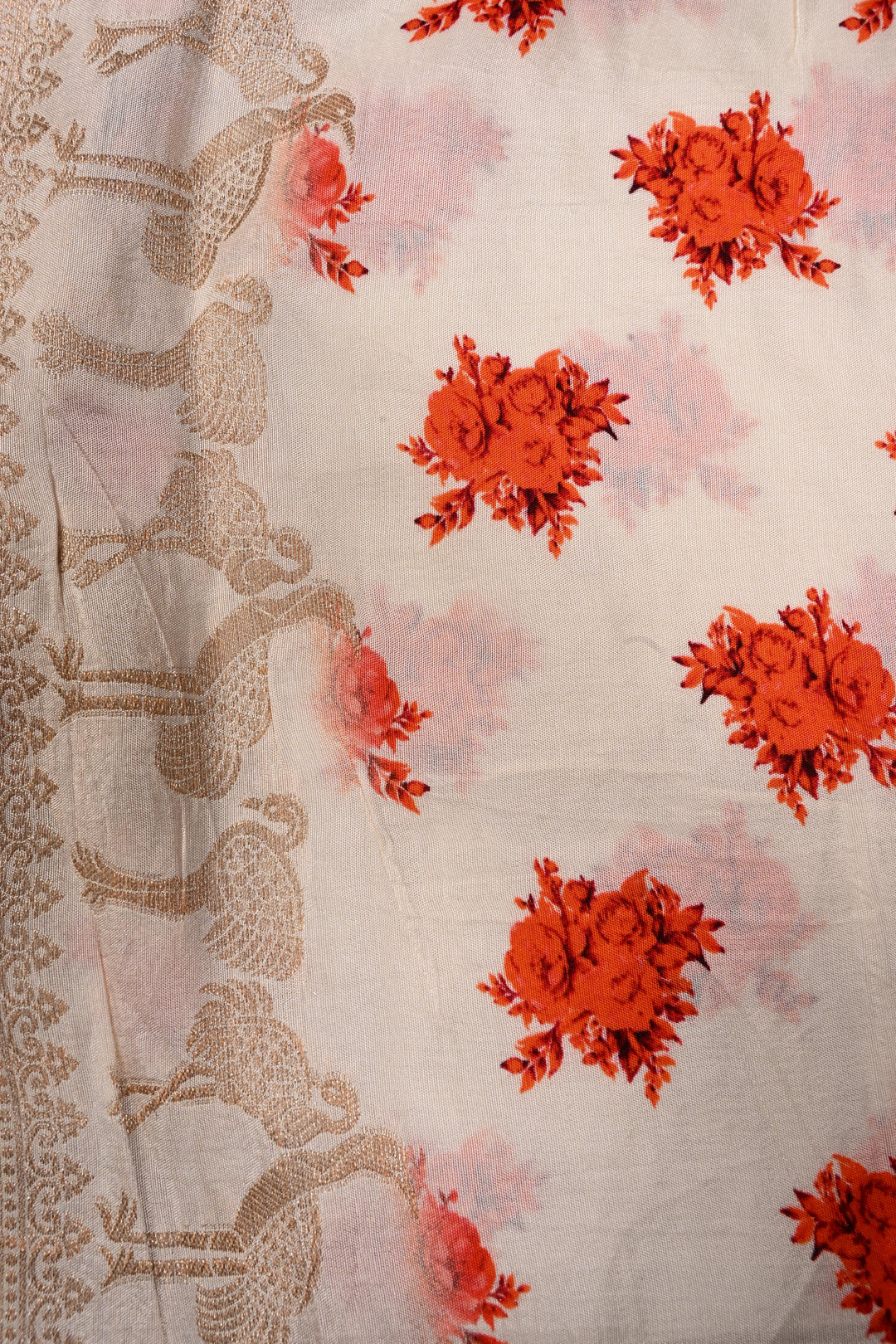 Ivory-Orange Floral Digital Print on Viscose Saree with Zari Butts and Flamingo Birds Zari Border  | SHOBITAM