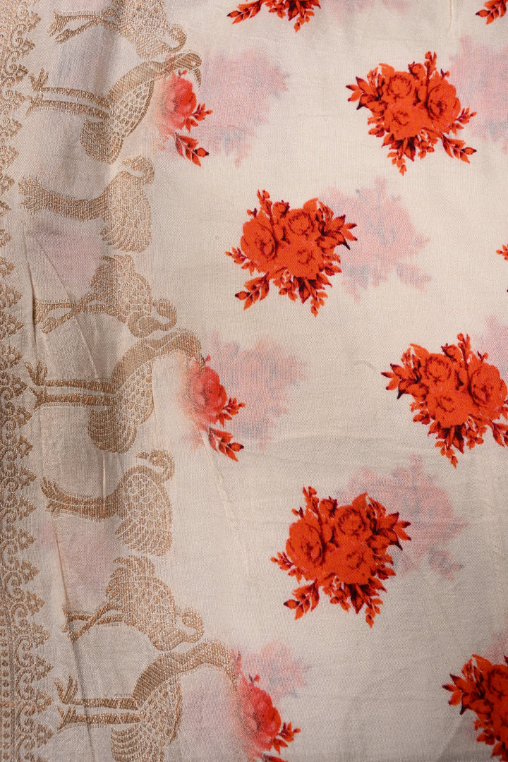 Ivory-Orange Floral Digital Print on Viscose Saree with Zari Butts and Flamingo Birds Zari Border  | SHOBITAM
