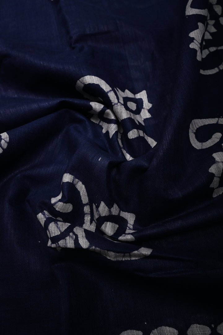 Navy Blue Bhagalpuri Mercerized Cotton Slub Unique Batik Print Saree | SHOBITAM
