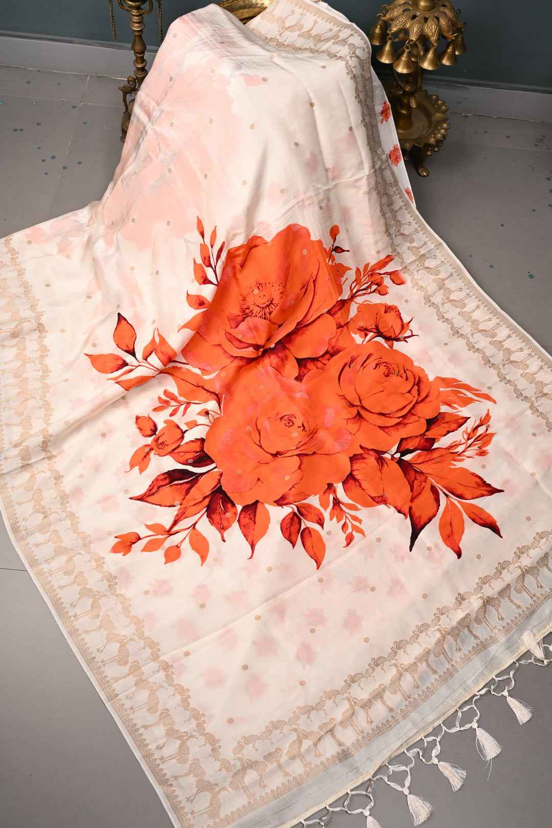 Ivory-Orange Floral Digital Print on Viscose Saree with Zari Butts and Flamingo Birds Zari Border  | SHOBITAM