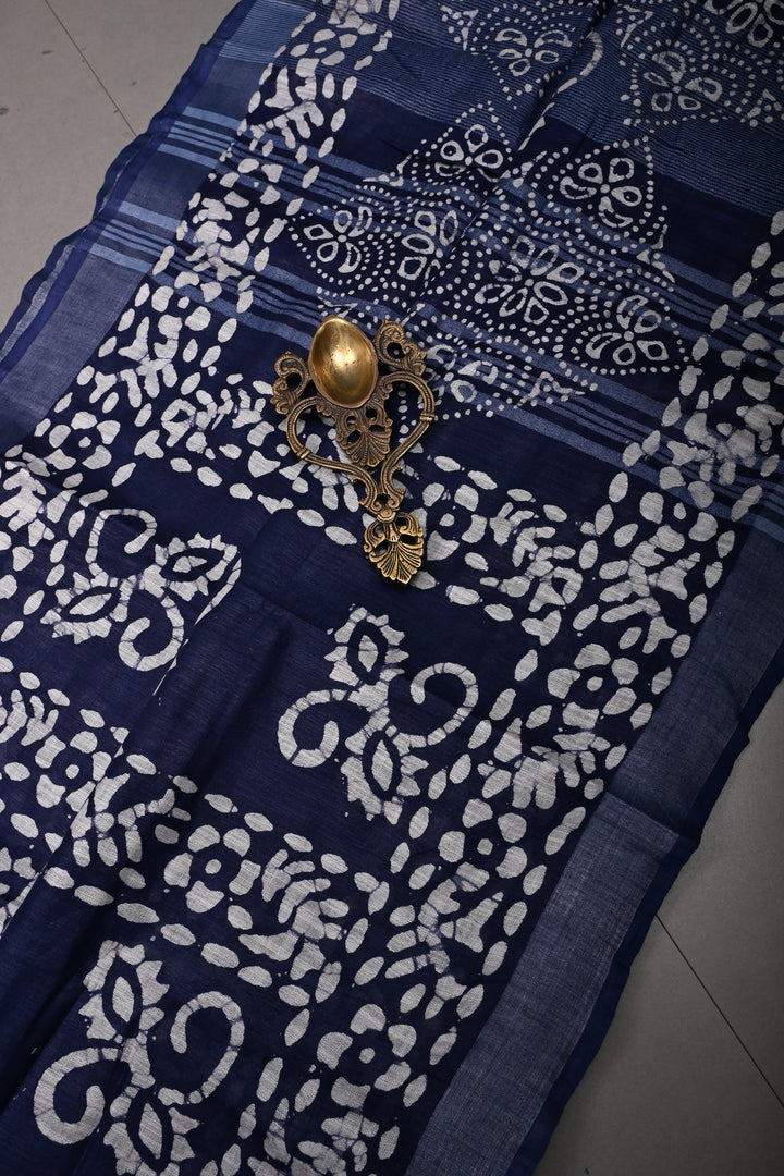 Navy Blue Bhagalpuri Mercerized Cotton Slub Unique Batik Print Saree | SHOBITAM
