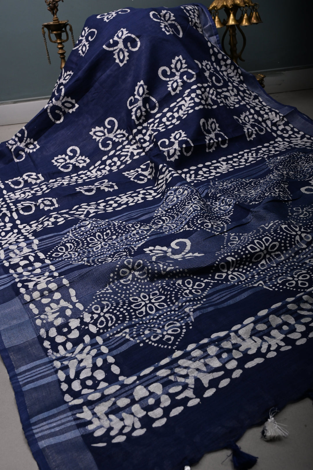 Navy Blue Bhagalpuri Mercerized Cotton Slub Unique Batik Print Saree | SHOBITAM