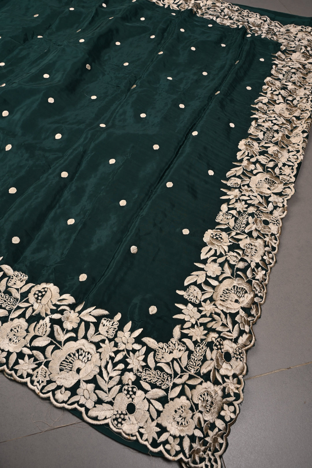 Hunter Green Machine Embroidered in Chinnon Saree with Floral Scallop Border | SHOBITAM