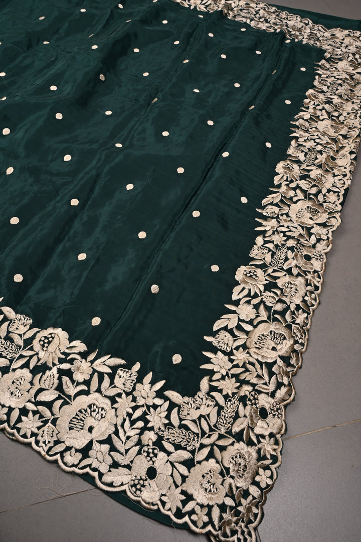 Hunter Green Machine Embroidered in Chinnon Saree with Floral Scallop Border | SHOBITAM