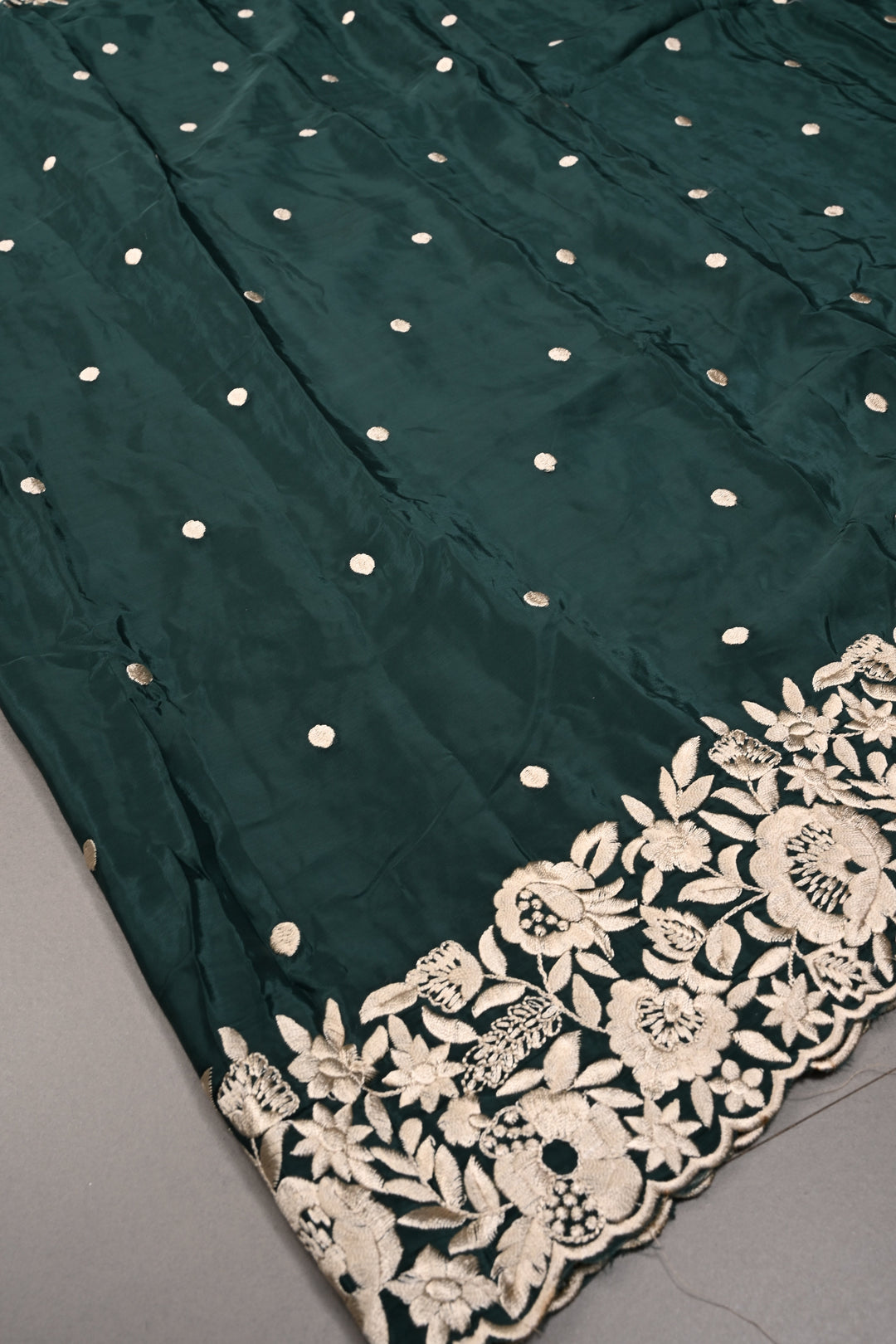 Hunter Green Machine Embroidered in Chinnon Saree with Floral Scallop Border | SHOBITAM