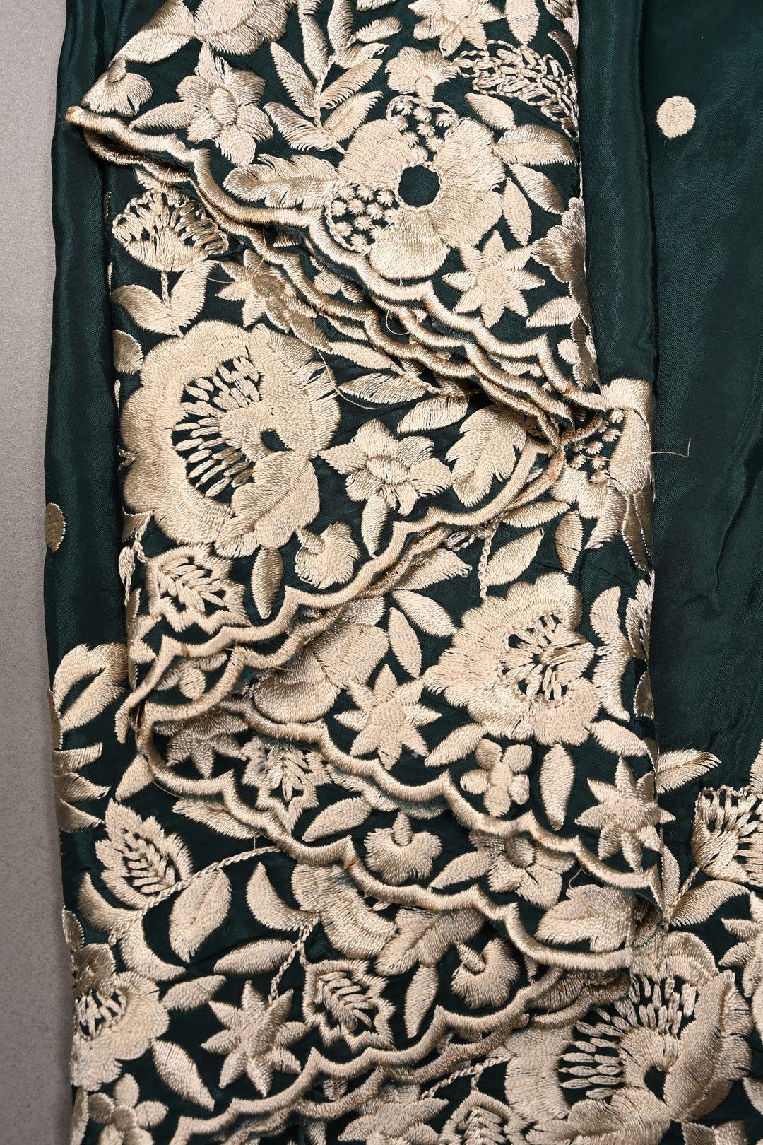 Hunter Green Machine Embroidered in Chinnon Saree with Floral Scallop Border | SHOBITAM