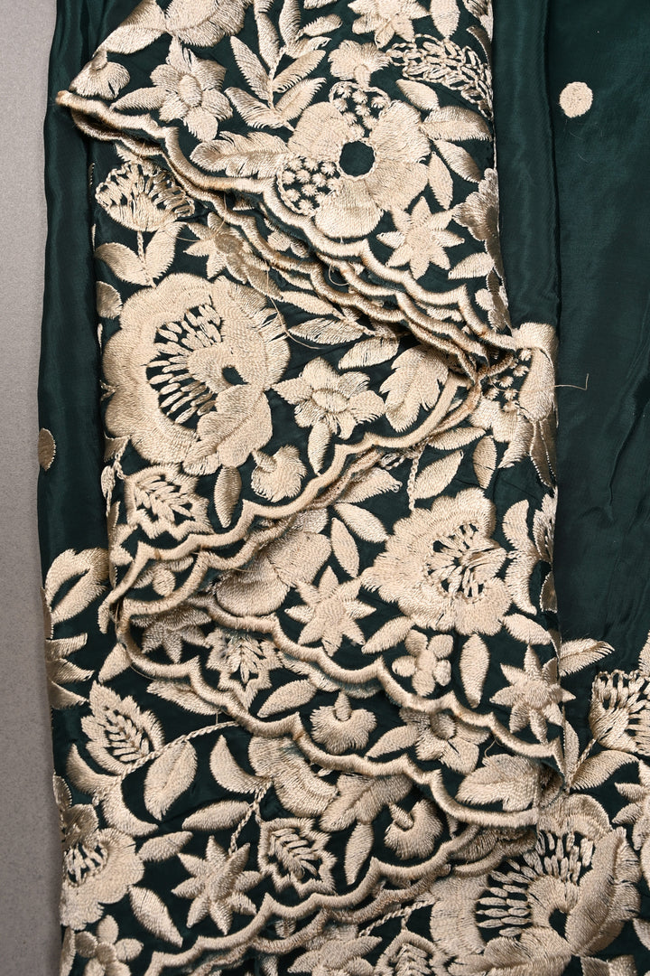 Hunter Green Machine Embroidered in Chinnon Saree with Floral Scallop Border | SHOBITAM