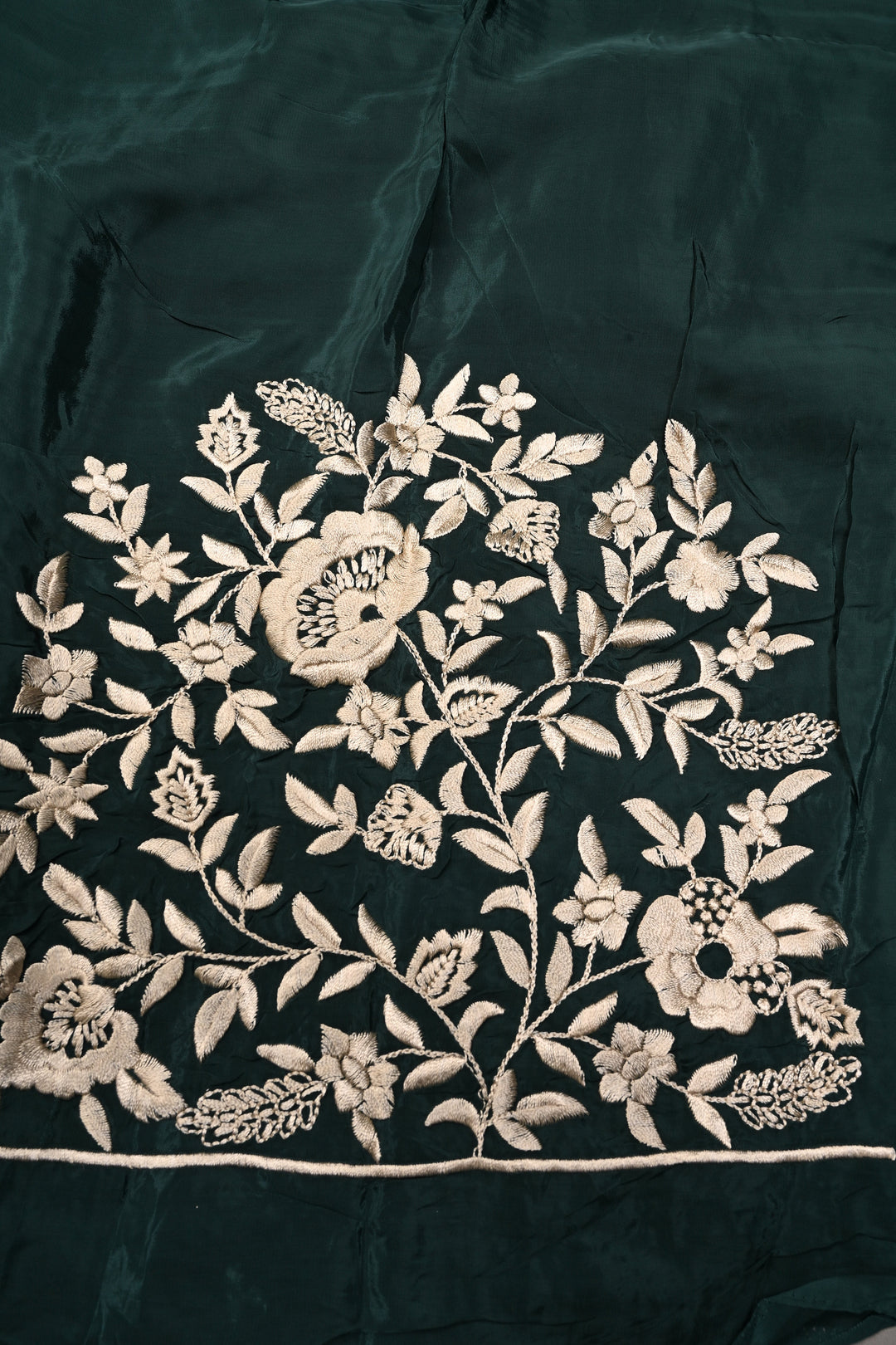 Hunter Green Machine Embroidered in Chinnon Saree with Floral Scallop Border | SHOBITAM