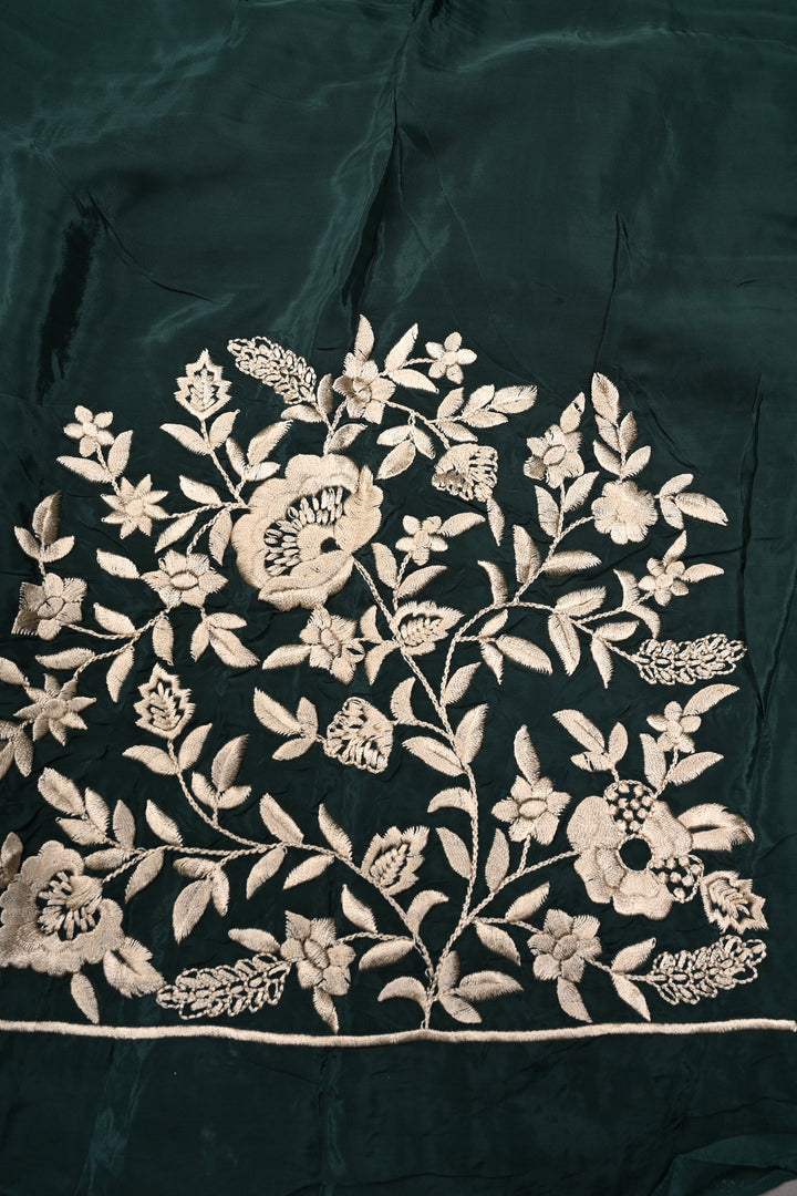 Hunter Green Machine Embroidered in Chinnon Saree with Floral Scallop Border | SHOBITAM