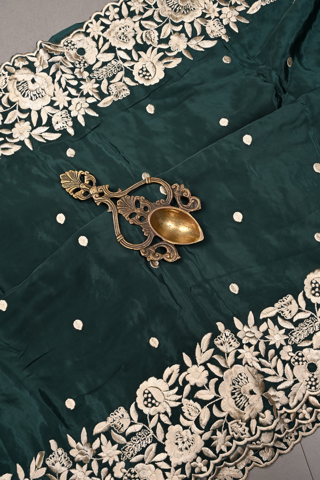Hunter Green Machine Embroidered in Chinnon Saree with Floral Scallop Border | SHOBITAM