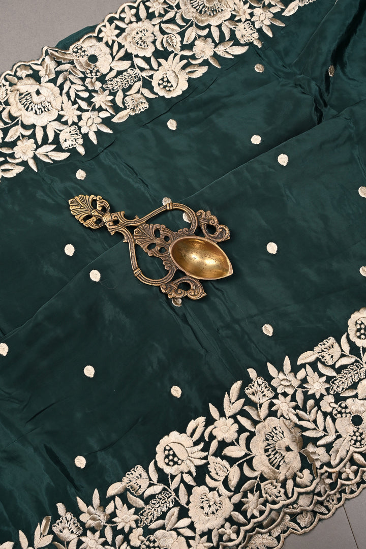 Hunter Green Machine Embroidered in Chinnon Saree with Floral Scallop Border | SHOBITAM